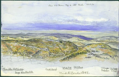 Widok z południowego zachodu ze szczytu góry Ebal, 1872 (wc i ołówek na papierze)